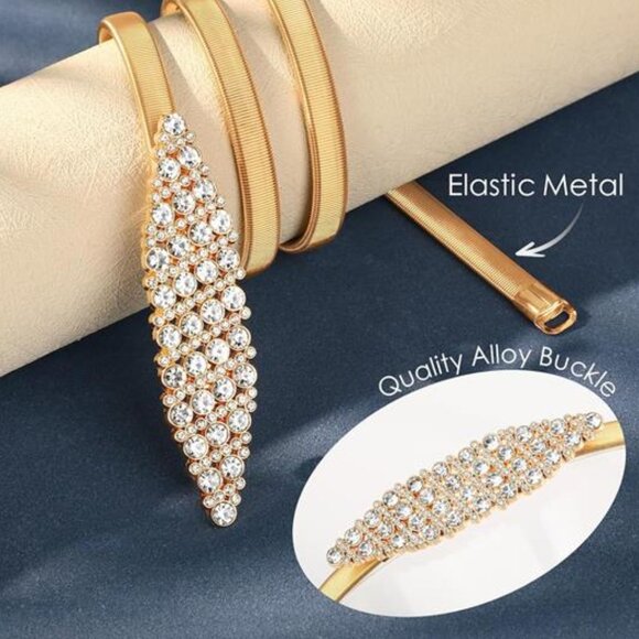 Womens Elastic Thin Metal Waist Belt, Gold - Picture 2 of 4